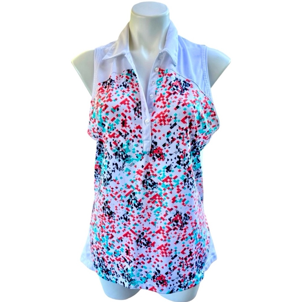 PGA Tour White Collared Tank Top with Pink Blue Pixel Print
